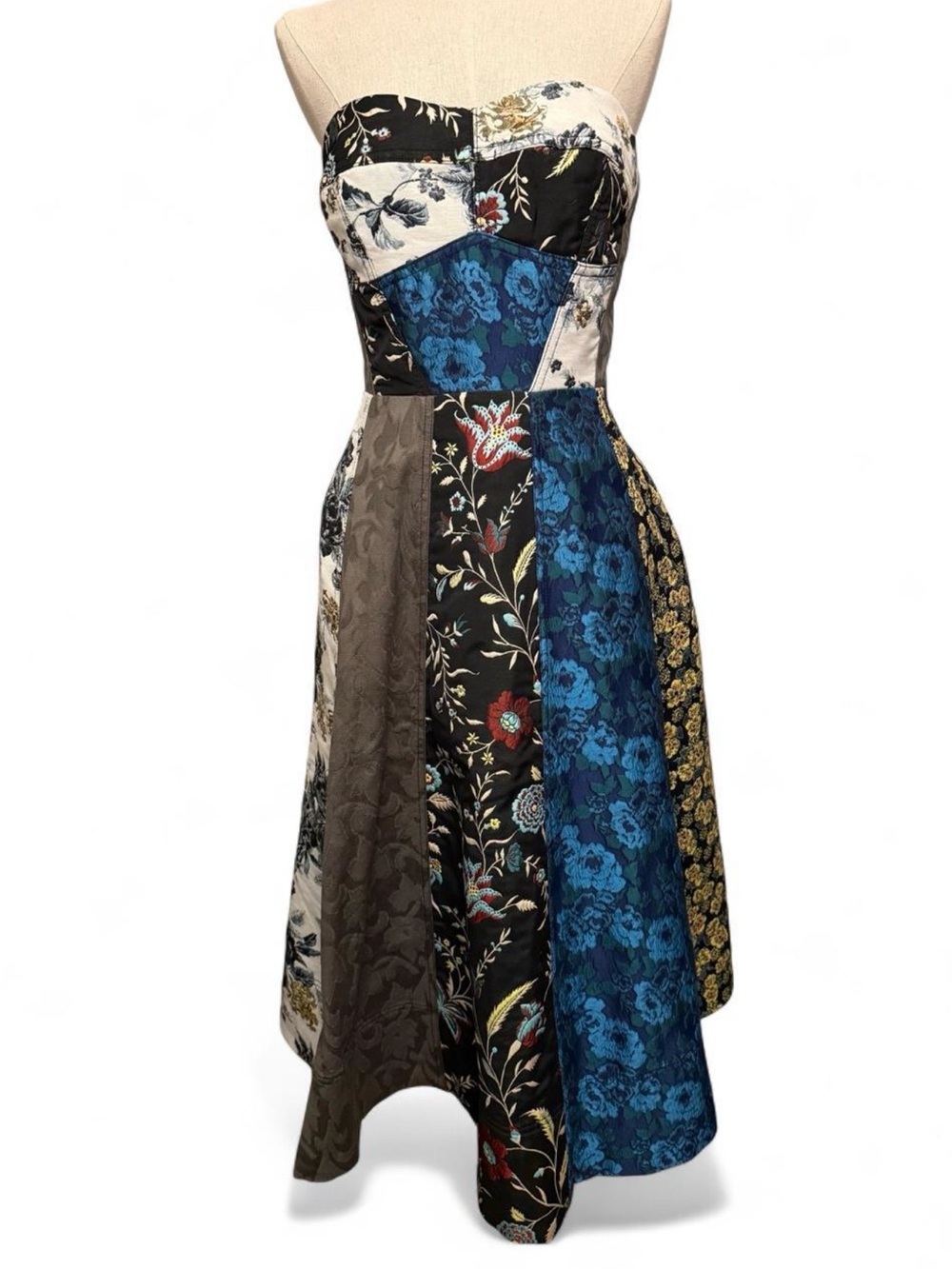 Anthropologie Floral Tapestry Sweetheart patchwork Midi Dress Womens Size 10